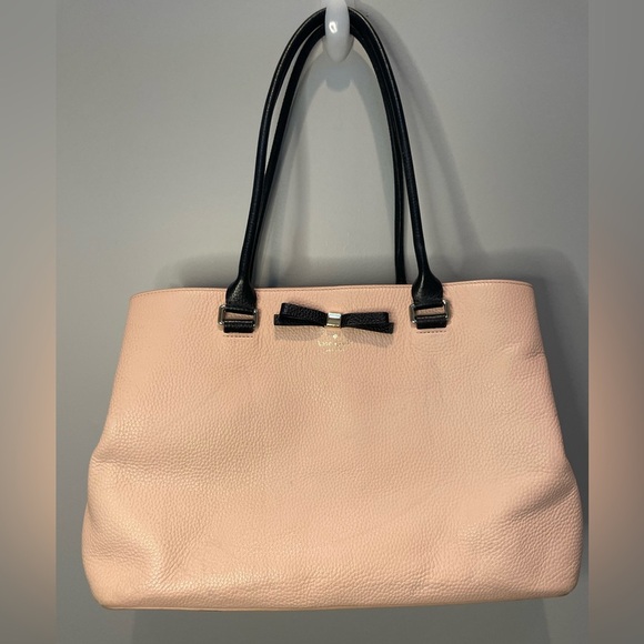 Kate Spade Pink Pebbled Leather Tote Bag Black Bow Accent Shoulder Purse - Picture 2 of 10